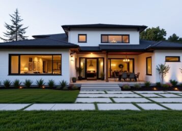 A contemporary black and white home with neat garden lines, modern patio, and outdoor lighting, no people, no animals.