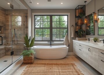Luxurious Bathroom With Large Bathtub and Walk-In Shower