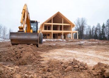 Heavy machinery works on the ground to level the area for a wooden house under construction